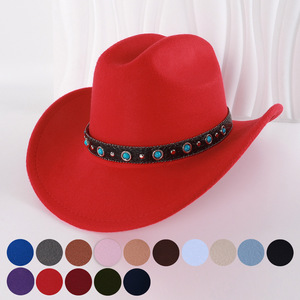 Cowboy <b>Hat</b> Red Felt Wide Brim Turquoise Beaded <b>Band</b> Sun Protection Windproof M56-58cm Fashion Accessory - Product Image 1