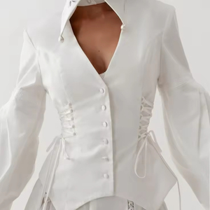 Nouvelles Chemises <span class=keywords><strong>Polo</strong></span> Tendance et Élégantes en Coton Creux, Blouse Ample à Manches Longues Bouffantes, Hauts Décontractés Blancs pour Femmes - Product Image 2