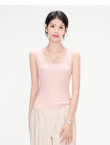 Canotta da <span class=keywords><strong>donna</strong></span> in maglia a costine 260GSM con finiture in pizzo, 95% <span class=keywords><strong>cotone</strong></span> 5% spandex, senza maniche, casual estiva, basic, sottogiacca - Product Image 3