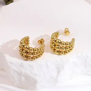 Pendientes de acero inoxidable chapados en oro de 18 quilates sin deslustre a la moda, pendientes en forma de C, pendientes en forma de C de rejilla fina para mujer