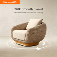 Moderner Outdoor-Drehsessel Wetterfester Geflochtener Rattan-Sofa-Stuhl mit Teakholz-Basis