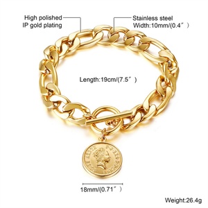 18k Gold Pated Stainless Steel Round Charm Custom Engraved logo OT Clasp Figaro Chain Bracelet <b>for</b> <b>Men</b> - Product Image 4