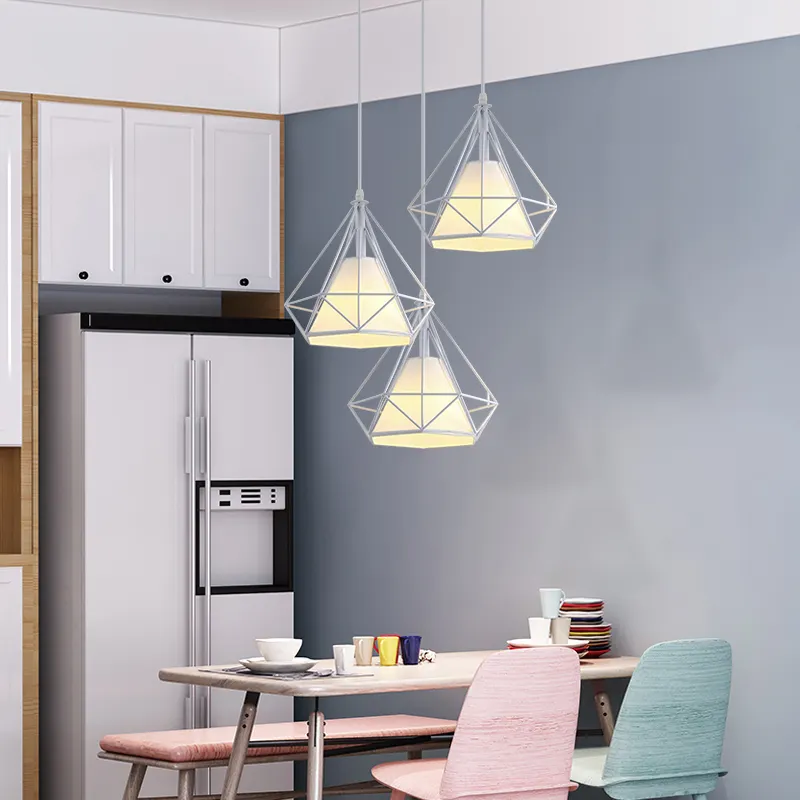 Adjustable length restaurant hanging metal 3 bulbs led e27 fabric lamp shade dining pendant lights