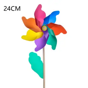 24cm arc-en-ciel en plastique Poly pétale bâton en bois moulin à vent cour moulinet extérieur jardin enfants en bois moulin à vent jouet