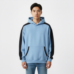 Men's Color Blocking Hooded Sweatshirt Raglan Sleeve Fleece Casual Blue Black Pocket Regular Fit Autumn Wear - Product Image 4