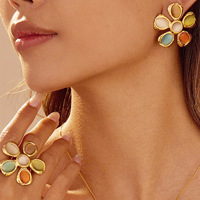 Großhandel Damen Bunter Blumenring Goldton Katzenauge-Stein Cocktail Statement Edelstahl Süßer Schmuck