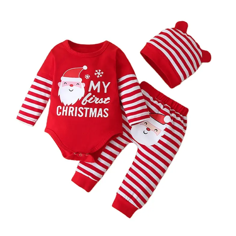 Newborn Baby Girls My First Christmas Letter Romper+Reindeer Sequin Pant+Hat Toddler Kids 3pcs Christmas Outfits Clothes Set