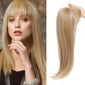 Starluck 18 Inch <strong>Sandy</strong> Brown &amp; Ash Blonde Layered Hair Topper with Bangs for Women Swiss Base with 3 Clips - Product Image 3