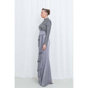 Robe de soirée en satin brodée pour femme avec taille drapée - 12582ELB - GRIS - Product Image 3