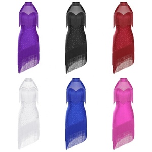 Vestido de baile latino para mujer con flecos, pedrería, licra, cuello halter, malla asimétrica, ajustado, para salsa, baile de salón, competición - Product Image 1