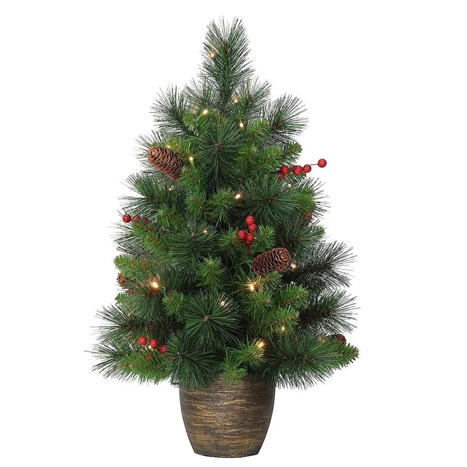 Faux Potted Small Christmas Trees 3 ft White Mountain Pine Artificial Christmas Tree with Lights and Pine Cones