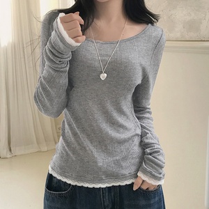 Vente en gros – Nouvelle collection Automne-Hiver 2025 – T-shirt basique ample en maille à col rond et dentelle pour <span class=keywords><strong>femme</strong></span> – Doux, patchwork, respirant, <span class=keywords><strong>anti</strong></span>-<span class=keywords><strong>UV</strong></span>, séchage rapide - Product Image 2