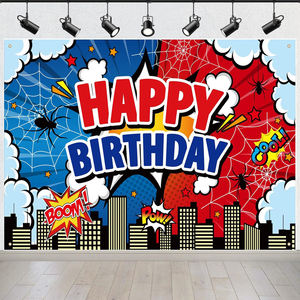 Toile de fond Joyeux Anniversaire Motif Toile d'araignée, Fond de photographie Thème Ville de <span class=keywords><strong>Comics</strong></span>, Décorations de fête sur le thème des super-héros pour garçons, Bannière personnalisable - Product Image 5