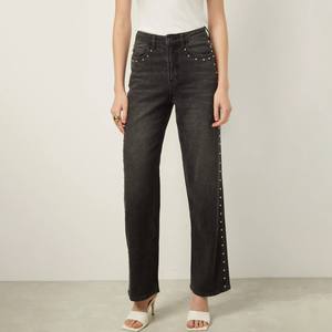 بنطلون جينز أسود عالي الخصر مزين بالمسامير للنساء، بنطلون مستقيم أنيق بتصميم روك، مع زخارف جانبية من البراشيم، مناسب للارتداء في الشارع والحفلات - Product Image 2