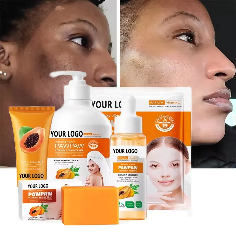 Factory Sales Whitening Skincare Set Papaya Extract Hydrating Dark Spot Removing Anti Yellow for dark body skin kit