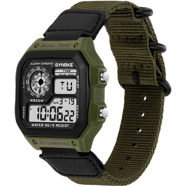 Hot Selling SYNOKE 9619C Sport Square Nylon Men's Digital Watch with Chronograph Luminous Calendar Alarm 3ATM Waterproof Watch