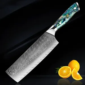 Custom Logo 7 Inch Japanese Vg10 Damascus Steel Nakiri Chef Kitchen Knife With Abalone Shell Handle Damascus Cleaver