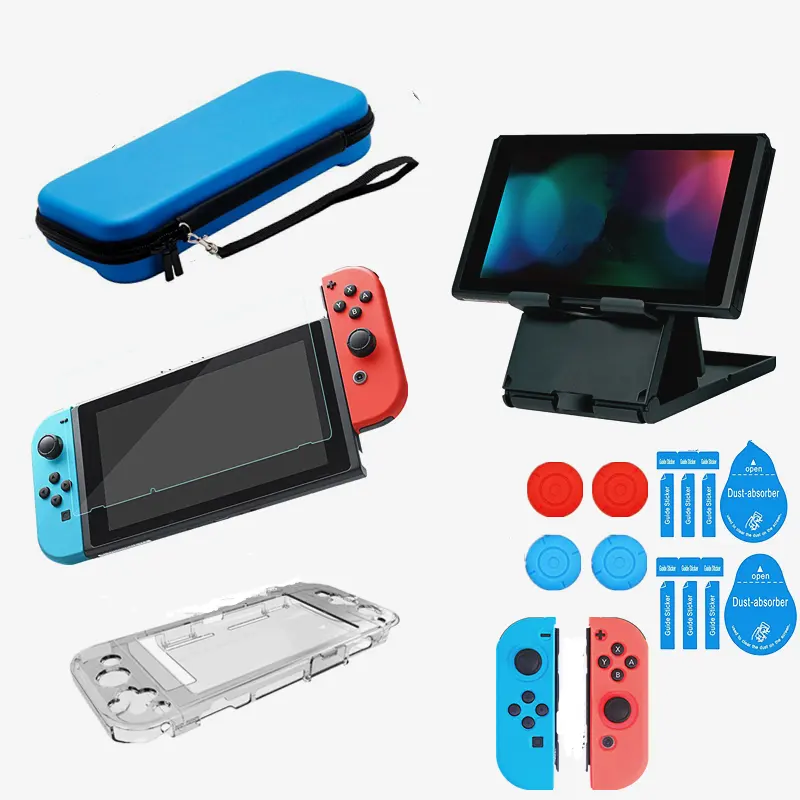 Nintendo anahtarı aksesuarları için set seyahat taşıma çantası + temperli cam + kristal kılıf + tutucu + sapları + silikon kapak için anahtarı