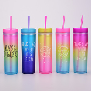 แก้วน้ำสีรุ้งไล่เฉดสีแบบใหม่ แก้วพลาสติกสองชั้นทรงตรง พร้อมหลอดสี - Product Image 2