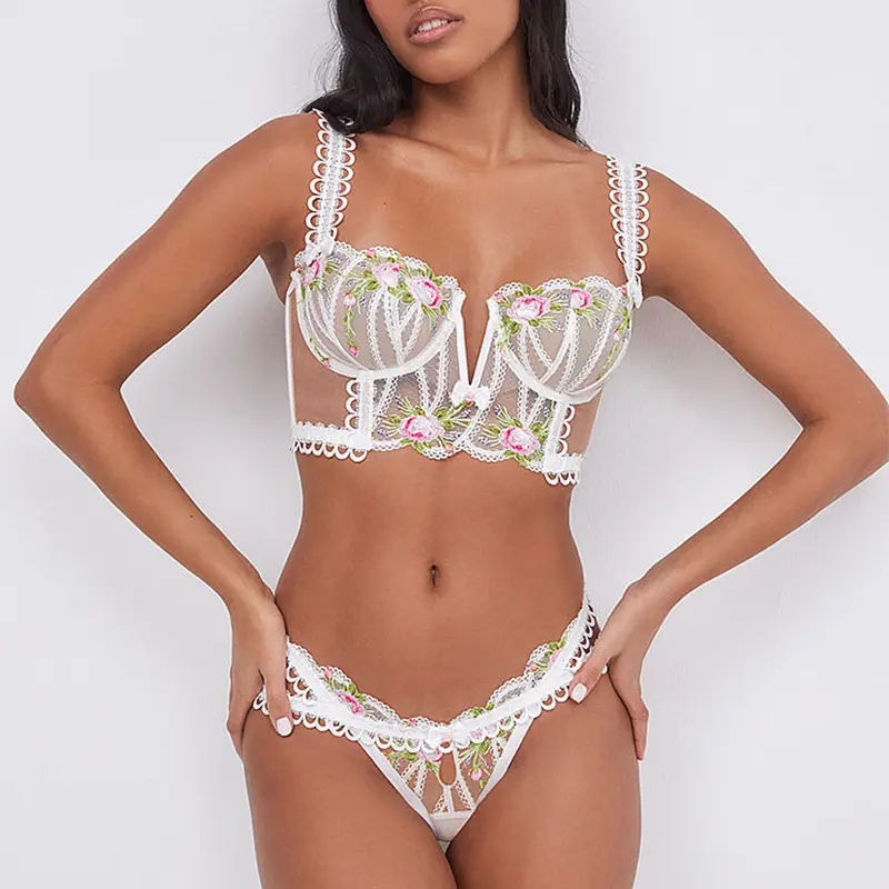 Diepe Liefde Vrouwen Push Up Bloemen Borduren Sheer Mesh Wedding Bridal Lingerie Mooie Meisje Sexy Tube Bra Tank Top Set