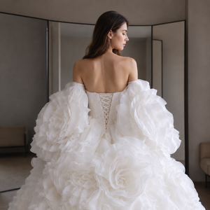 Vestido de Novia de Organza con Rosetones, Mangas Abullonadas Desmontables, Escote Corazón, <span class=keywords><strong>Volantes</strong></span> Florales, Falda de Tul con Capas, Lujoso - Product Image 6