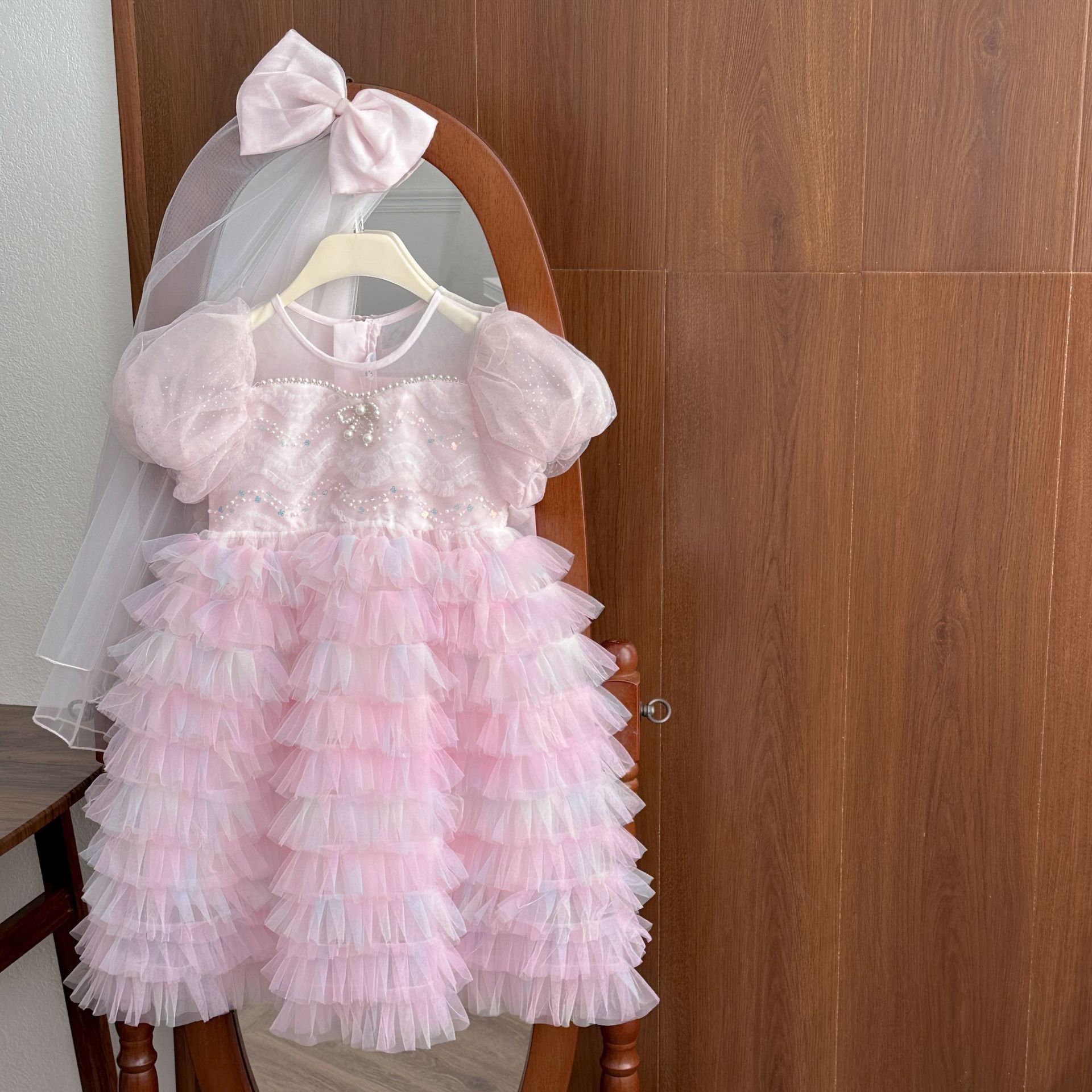 princess polly baby blue dress Cute Black Pink High Neck A-Line Tiered Tulle Flower Girl Dresses Kids  Birthday Party Prom Gowns for Children Bows main image 0