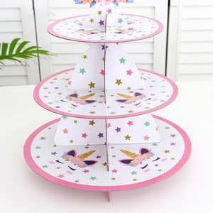 Set dudukan Cupcake emas Unicorn, rak <span class=keywords><strong>Display</strong></span> kue pernikahan ulang tahun sore teh makanan penutup 3 lapis pemegang kardus kertas - Product Image 6