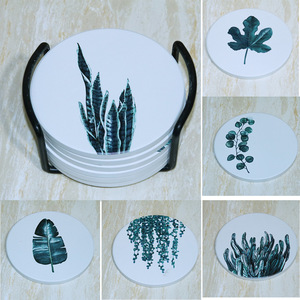 Vente en gros <span class=keywords><strong>de</strong></span> sous-verres en céramique ronds en pierre absorbants feuilles vertes pour avec base en liège pour boire - Product Image 1