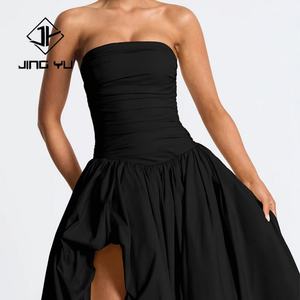 Robe de luxe de style usine, noire, à jupe large asymétrique, avec haut tube doux, en lin et coton mélangé, longueur midi, personnalisable OEN - Product Image 4