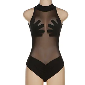 Custom Sexy Black Mesh Patchwork See Through Bodysuit Women O Neck Sleeveless Cleavage One Piece Jumpsuit Outfit Clubwear