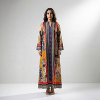 2026 Geringe Mindestbestellmenge Damen Boho Blumenmuster Patchwork Polyester V-Ausschnitt Bodenlange Abend-Abaya Maxikleid Muslimisch Vorne Offen