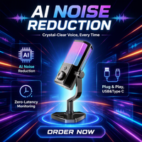 Microphone de jeu USB RGB, à condensateur, Plug & Play, réduction de bruit IA, surveillance à latence nulle pour le streaming sur PC/téléphone mobile