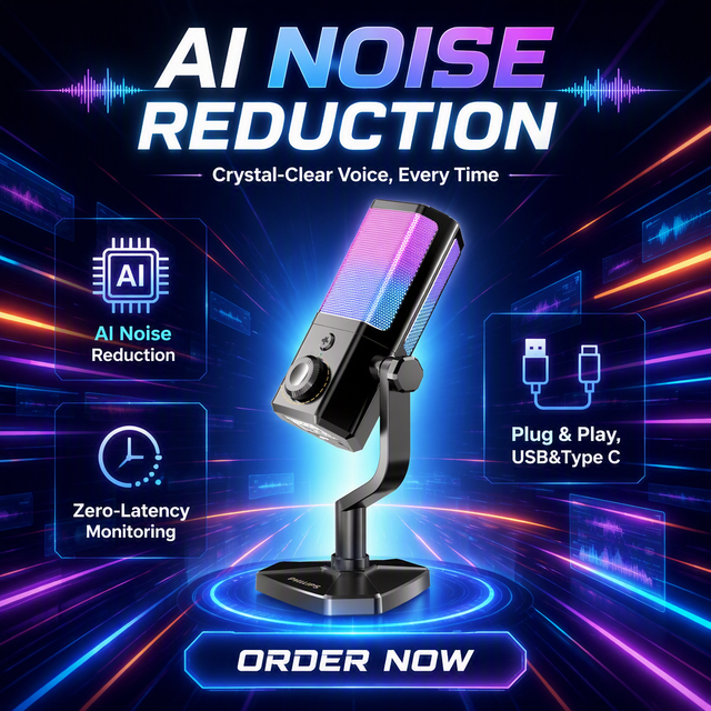 RGB USB Gaming Microphone, Condenser, Plug & Play, AI Noise Reduction, Zero-Latency Monitoring for PC/Mobile Phone Streaming