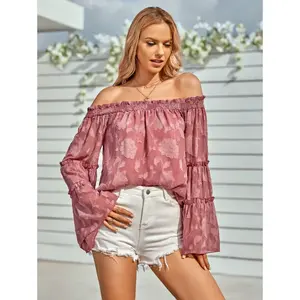 2024 Hot Selling Floral Off Shoulder Ruffle Long Sleeve Chiffon Tops Shirts Elegant Loose Casual Woman Blouse