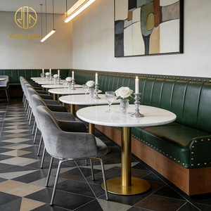 Muebles de Restaurante Modernos de Mediados de Siglo, Banqueta de Cuero Verde a Rayas y Sillas de Terciopelo Gris con Mesa de Piedra para Cafetería - Product Image 4