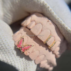 Rose émail papillon Grillz filles visage ouvert femmes mignonnes <span class=keywords><strong>haut</strong></span> <span class=keywords><strong>avant</strong></span> <span class=keywords><strong>dent</strong></span> rose Moissanite diamant S925 argent or dents Grillz - Product Image 2