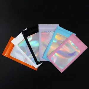 Embalagem transparente Ziplock Mylar Bolsa de plástico para meias pequenas com logotipo personalizado impresso e auto-reutilizável para joias Bolsa de plástico holográfica