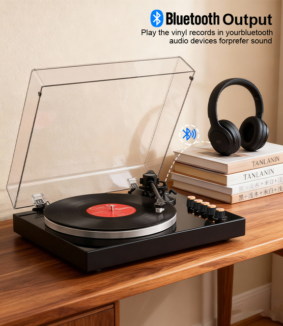 Audmic Belt Drive Vinyl Turntable, 33/45 RPM LP Player, AT-3600L Cartridge, Bluetooth, 30W, Pitch Adjust & PC Record