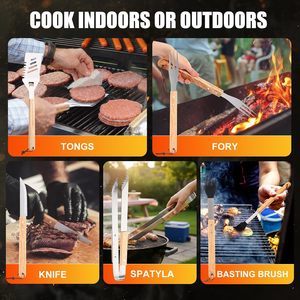 Ensemble d'outils de barbecue en bambou, boîte en bois, manche en bois, 11 pièces, ensemble de barbecue avec gants résistants à la chaleur et brochettes en acier inoxydable - Product Image 5