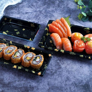 Fiambrera Bento desechable para llevar Bandeja de platos de barco de sushi de plástico japonés rectangular redonda <span class=keywords><strong>con</strong></span> <span class=keywords><strong>tapa</strong></span> - Product Image 4