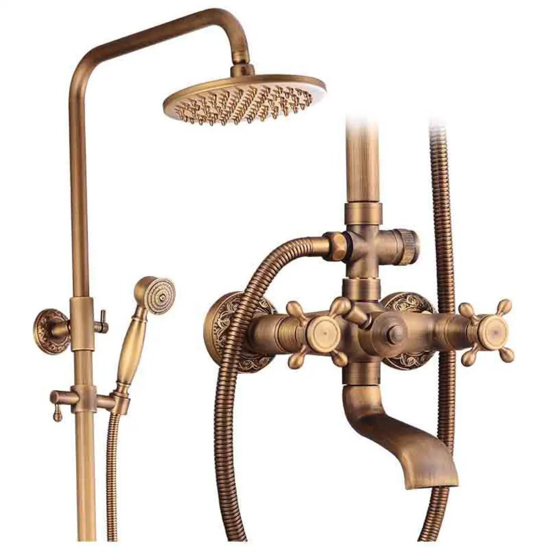European Style Rainfall Shower Set Expose Shower Set Antique Brass Bathroom Shower With Mixer Set