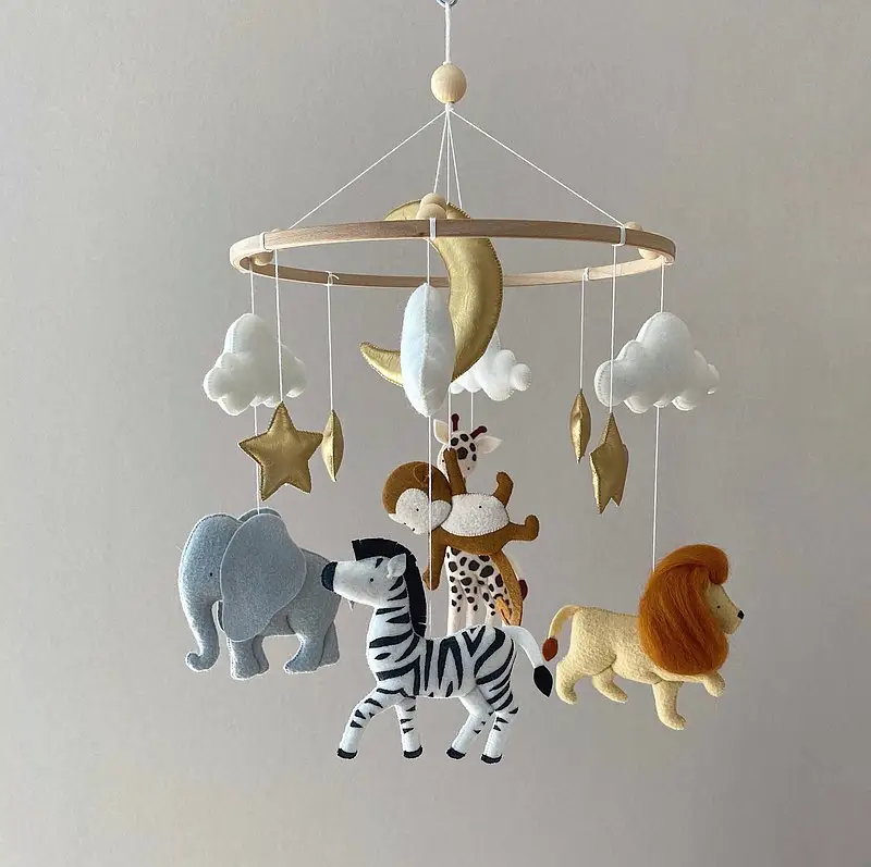 Decoração de berçário, feltro, selva, bebê, brinquedo móvel, áfrica, animais, selva, berço, móvel, neutro