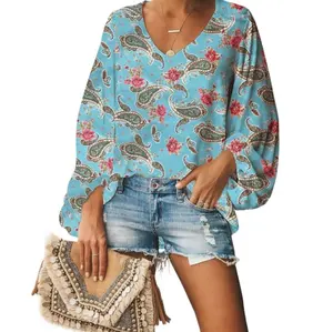 OEM Manufacturer Custom Paisley and Flower Full Print Womens Lantern 3/4 Sleeve Causal Loose V Neck Chiffon Blouses Tops In Bulk