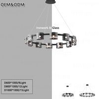 Lustre moderne en fer noir avec anneaux, abat-jour cylindrique en verre fumé, suspension ronde multi-lumières pour salon, salle à manger, hall d'entrée