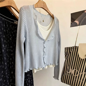 เสื้อคาร์ดิแกนถักแบบมีระบายคอวีสำหรับผู้หญิง เสื้อคลุมบางเบาใส่สบายสำหรับฤดูร้อน - Product Image 1