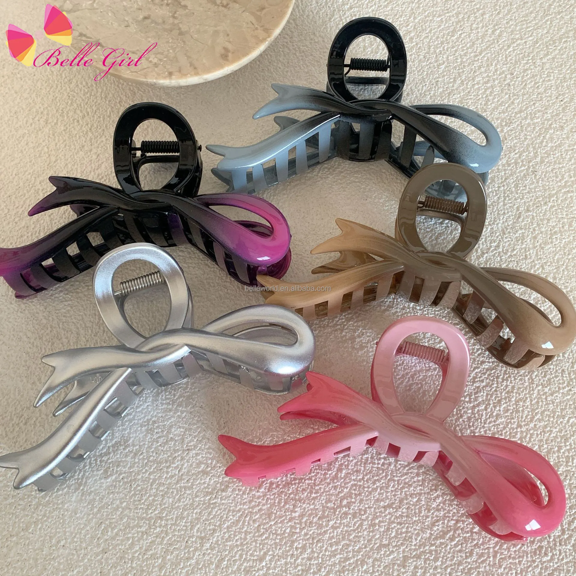 BELLEWORLD 2024 bulk shiny gradient color hair clips fashion women accessories plastic bow knot ribbon claw clip for shower