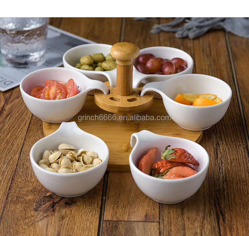 Set Porta Patatine E Salse In Ceramica Con Manico In Legno – 3 Scomparti Per Antipasti E Snack (Tipo 2, Rotondo) - 2