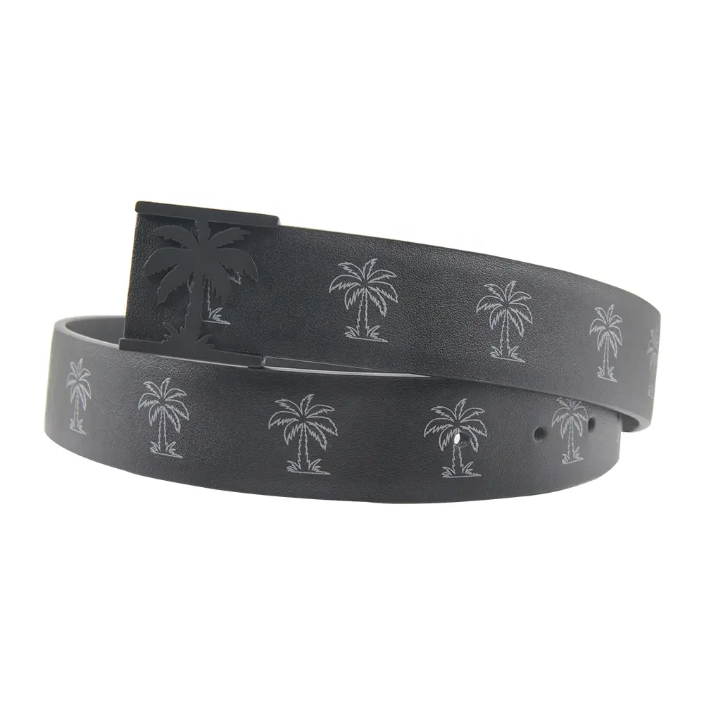 Custom brand printing logo luxury genuine leather belt for men with black stainless steel buckle