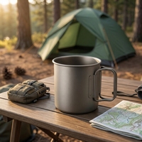 Mug en titane 380 ml avec poignée pliable, léger, de qualité alimentaire CPC, tasse de camping avec couvercle pour la randonnée en plein air