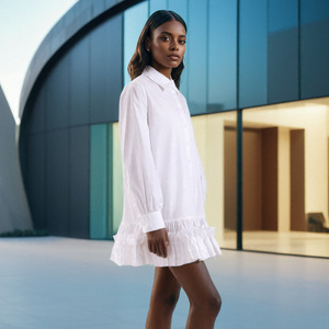 Vestido Camisero Blanco Antiestático de Otoño para Mujer <span class=keywords><strong>con</strong></span> Borde Ondulado, Ajuste Holgado, Abotonadura Sencilla y <span class=keywords><strong>Falda</strong></span> Corta - Product Image 2